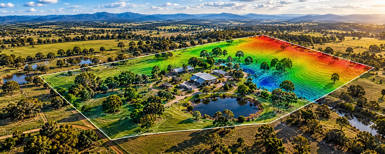 Illustrative rural aerial mapping visual showing a property boundary and terrain-style overlay