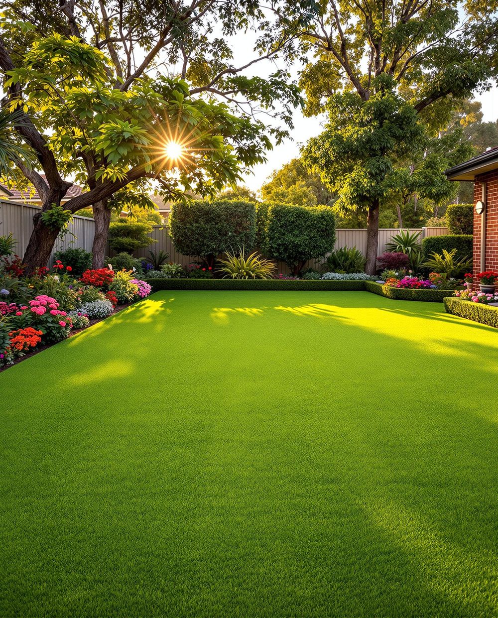 Manicured backyard lawn and garden at golden hour