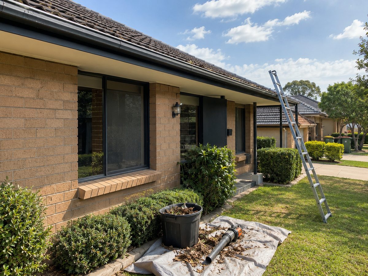 Gutter cleaning underway on a suburban home