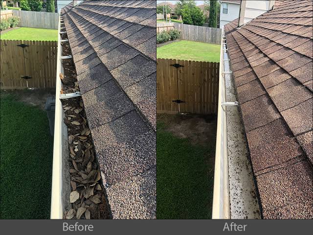 P&Z gutter cleaning before and after, with heavy leaf debris removed